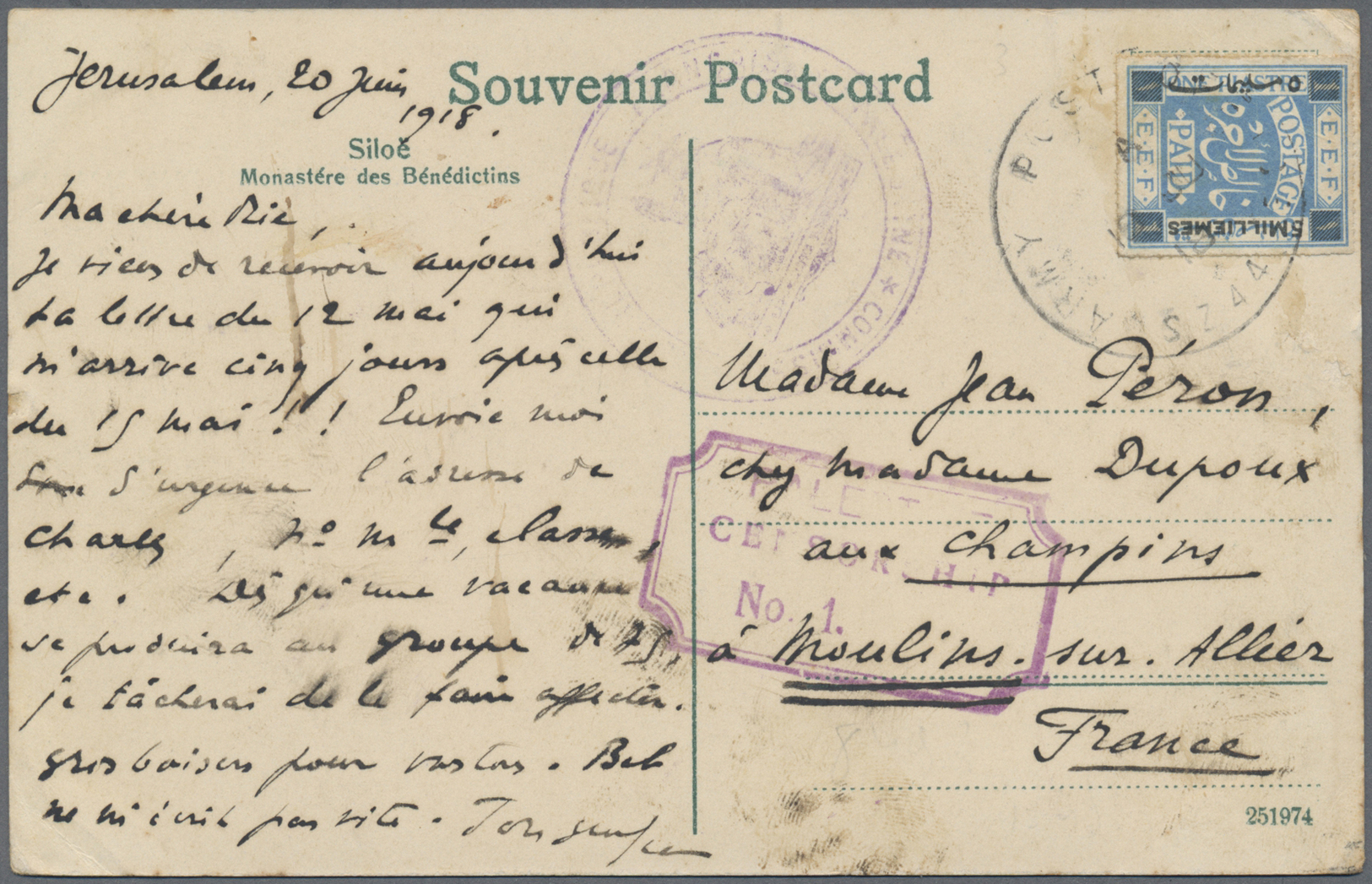 Br Palästina: 1918. Picture Post Card Written From Jerusalem Dated '20/6/18' Addressed To France Bearing Palestine SG 4, - Palestine