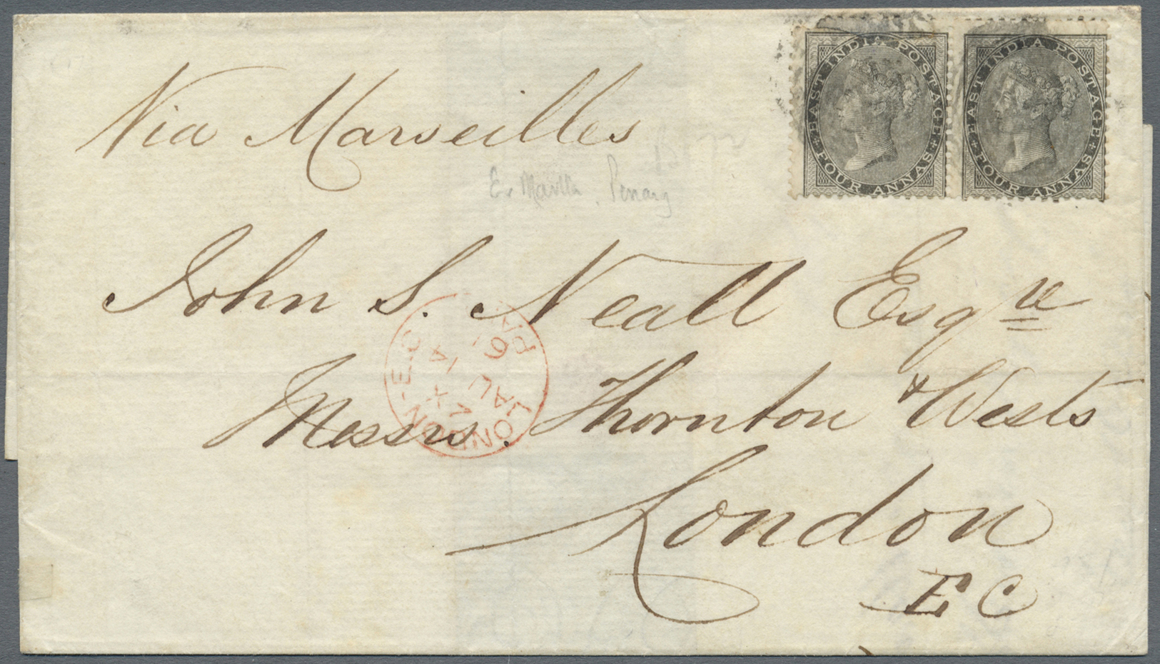 Br Philippinen: 1861. Envelope Written From Manilla Dated '20th June 1861' Addressed To London Bearing India SG 46, 4a B - Philippines