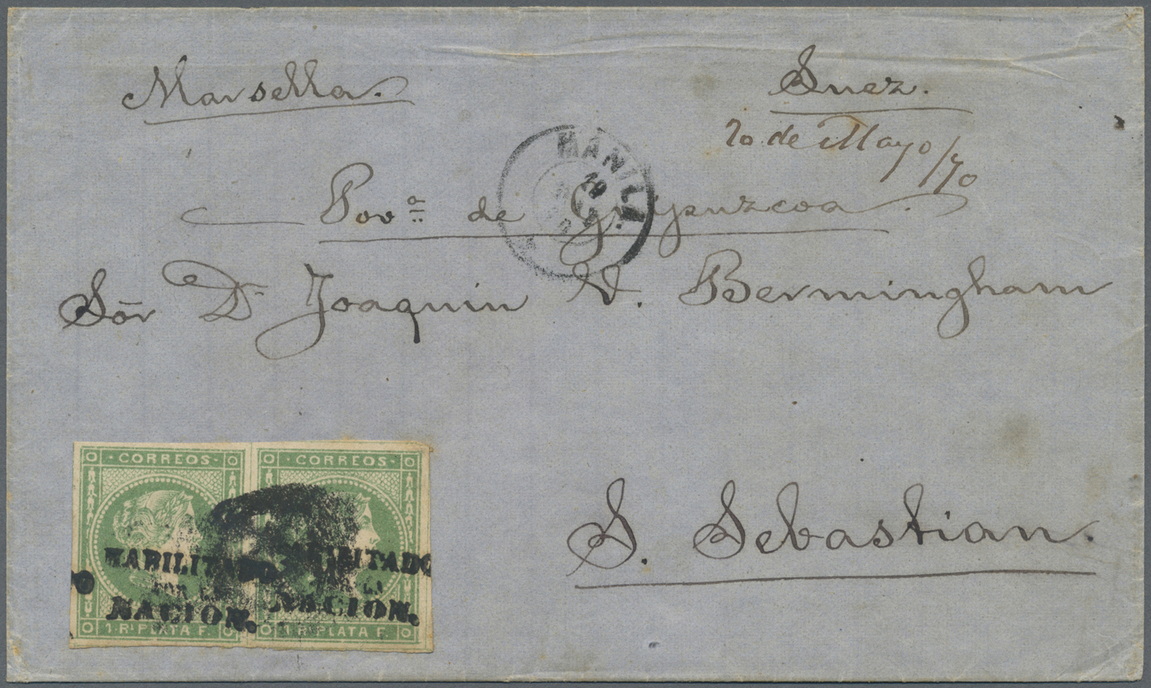 Br Philippinen: 1870 Folded Cover From Manila To San Sebastian Via Suez And Marseilles (endorsed), Dated In M/s '20 De M - Philippines