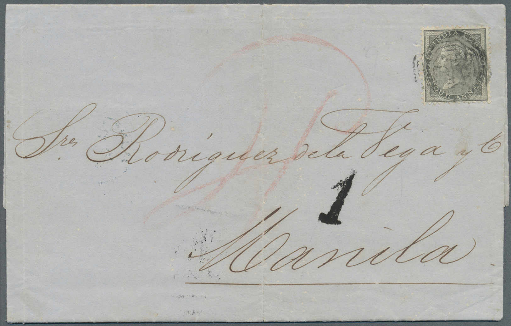 Br Philippinen: 1863. Envelope Addressed To Manila Bearing India SG 45, 4a Black Tied By B/172 Octagonal Of Straits Sett - Philippines