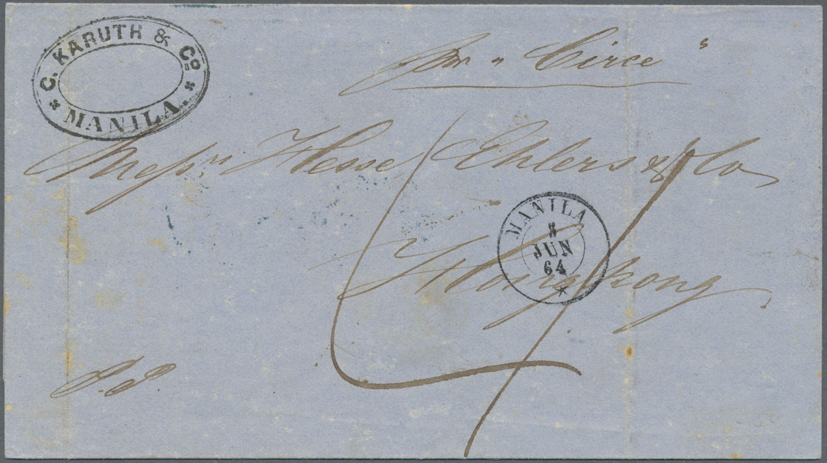 Br Philippinen: 1864. Stampless Envelope Written From Manila Dated '3rd June 64' Addressed To Hong Kong With Oval Firms - Philippines