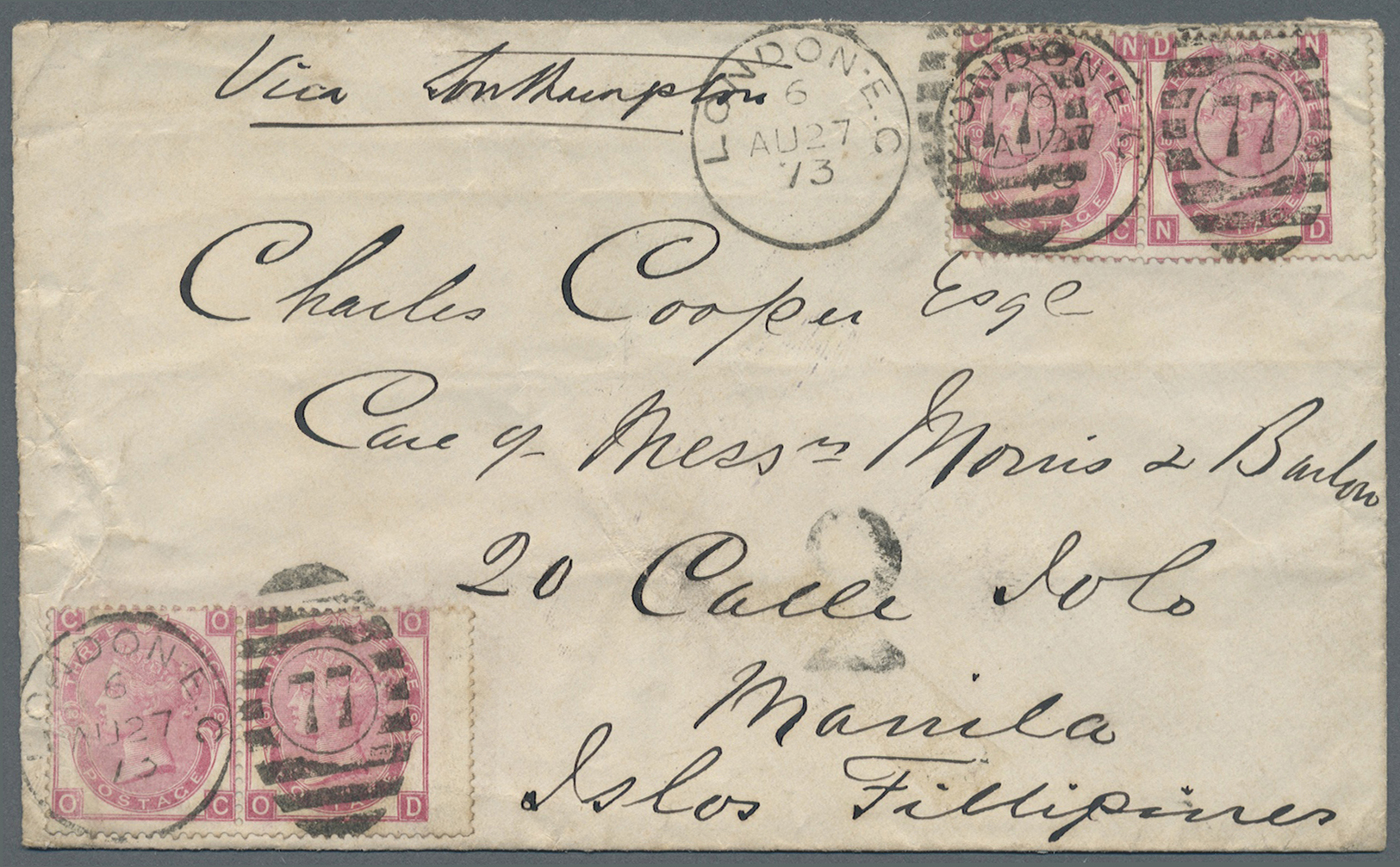 Br Philippinen: 1873. Envelope (faults/upper Flap Missing On Reverse) Addressed To Manila Bearing Great Britain SG 103, - Philippines