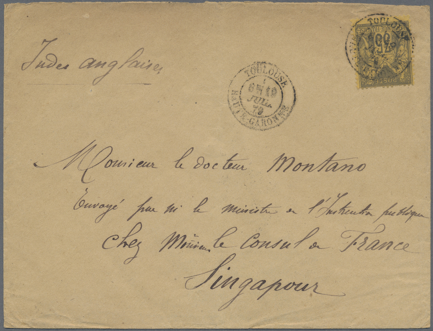 Br Philippinen: 1879. Envelope Addressed To The French Scientific Mission In Singapore Bearing French Type Sage Yvert 45 - Philippines