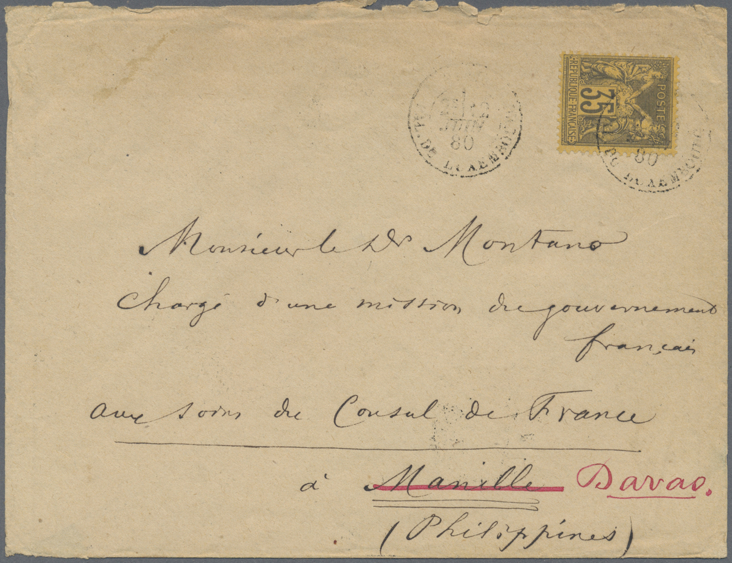 Br Philippinen: 1880. Envelope Addressed To The French Scientific Mission In Manila, Philippines Bearing French Type Sag - Philippines