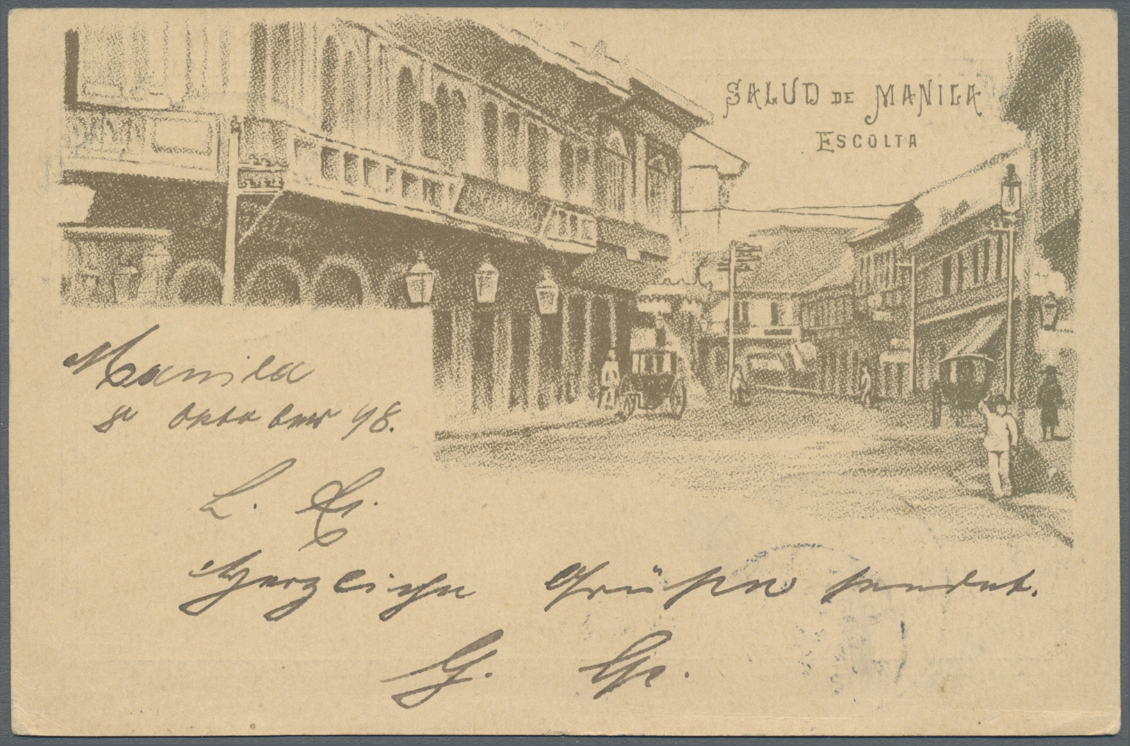 GA Philippinen: 1898 "SALUD DE MANILA" Illustration On Back Of German Navy Ship Mail Postal Stationery Card 10pf. Sent T - Philippines