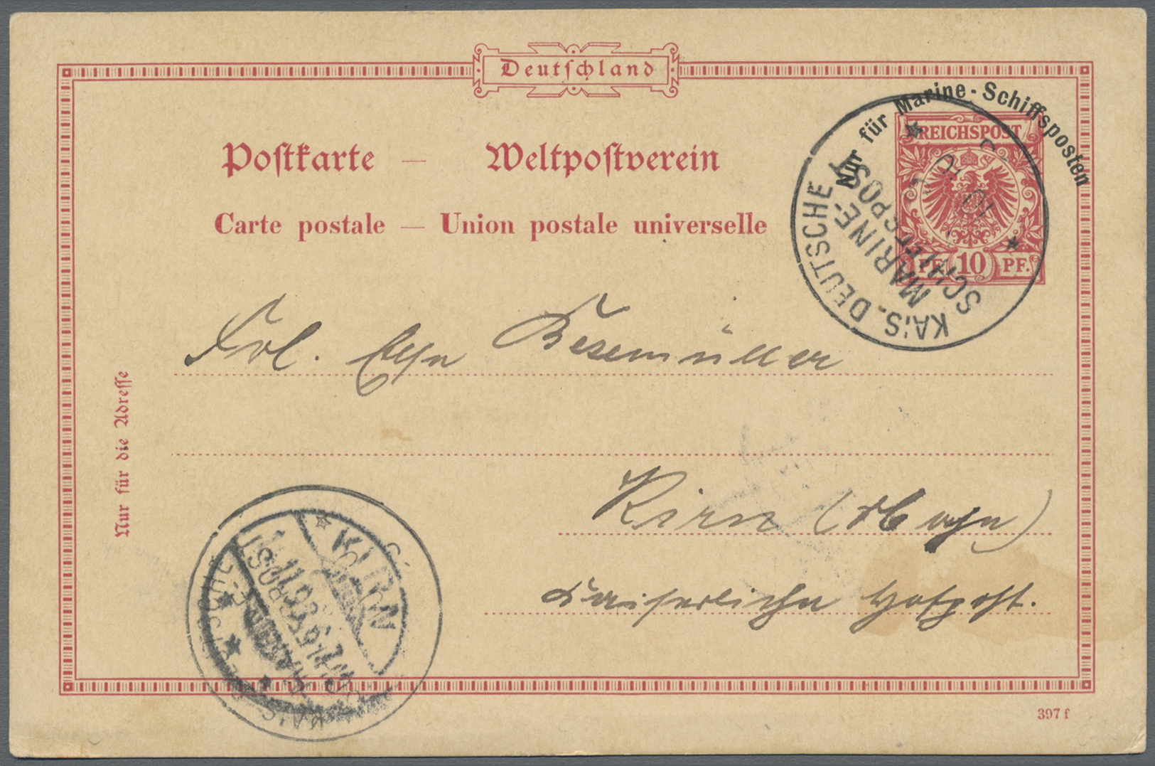 GA Philippinen: 1898 "SALUD DE MANILA" Illustration On Back Of German Navy Ship Mail Postal Stationery Card 10pf. Sent T - Philippines