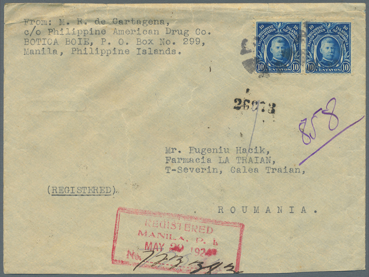 Br Philippinen: 1924, José Rizal 2 C. Green (5 Stamps To Reverse) And Pair Henry Lawton 10 C. Blue, All Tied By Mute Can - Philippines
