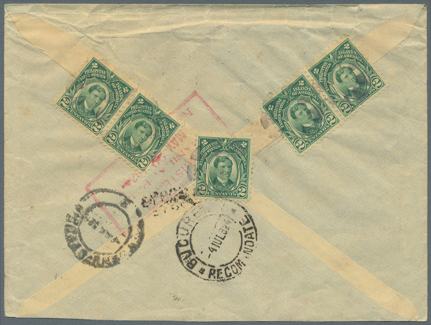 Br Philippinen: 1924, José Rizal 2 C. Green (5 Stamps To Reverse) And Pair Henry Lawton 10 C. Blue, All Tied By Mute Can - Philippines