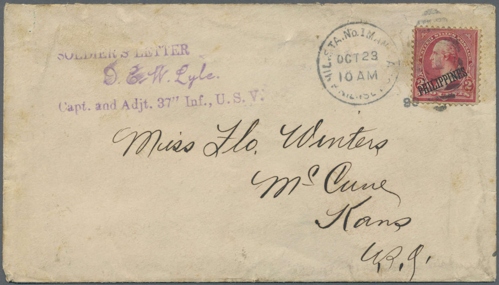 Br Philippinen: 1899. Military Mail Envelope (small Faults) From The Kansas Volunteers In The Spanish/American War Addre - Philippines