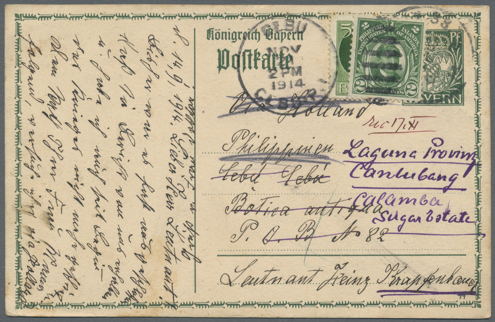 GA Philippinen: 1914, Bavarian Stationery Card 5 Pf. Uprated 5 Pf. Sent To Lieutnant Heiz Krapfenburg In Cebu, Philipine - Philippines