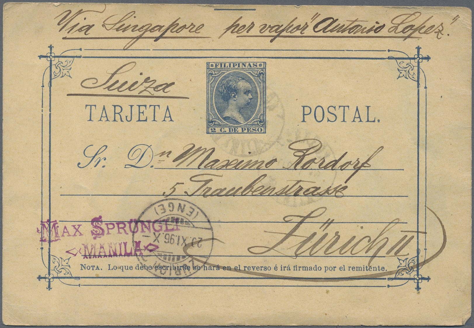 GA Philippinen - Ganzsachen: 1896. Postal Stationery Card 2c Blue Cancelled By Manila Date Stamp, Sender Max Sprüngli, A - Philippines