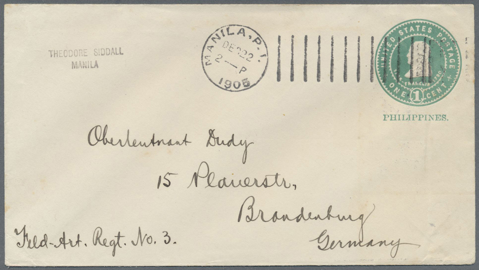 GA Philippinen - Ganzsachen: 1905, Stationery Envelope 1c. Green, Used To Germany, Oblit. By Rare Machine Cancellation " - Philippines