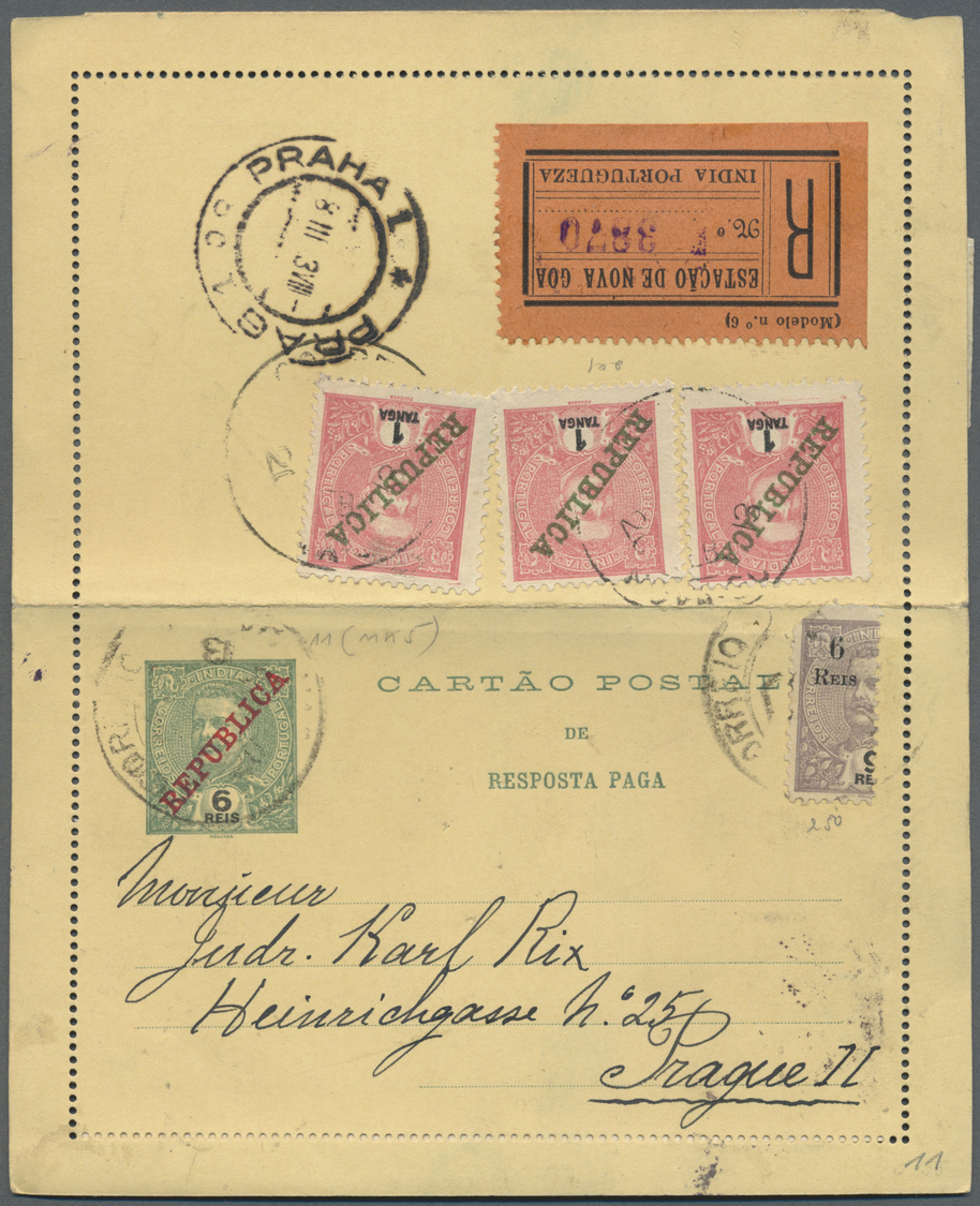 GA Portugiesisch-Indien: 1912/13, Two Letter Cards With Paid Reply Registered To Prague/Bohemia:  6 Rs. Uprated Bisect 6 - Inde Portugaise