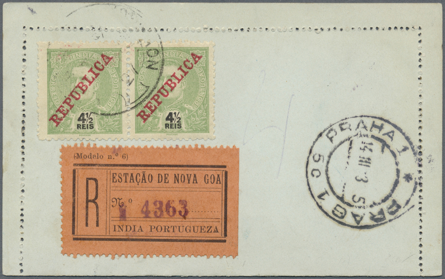 GA Portugiesisch-Indien: 1912/13, Two Letter Cards Registered To Prague/Bohemia:  2 1/2 T. Uprated 9 Rs., And On Reverse - Inde Portugaise