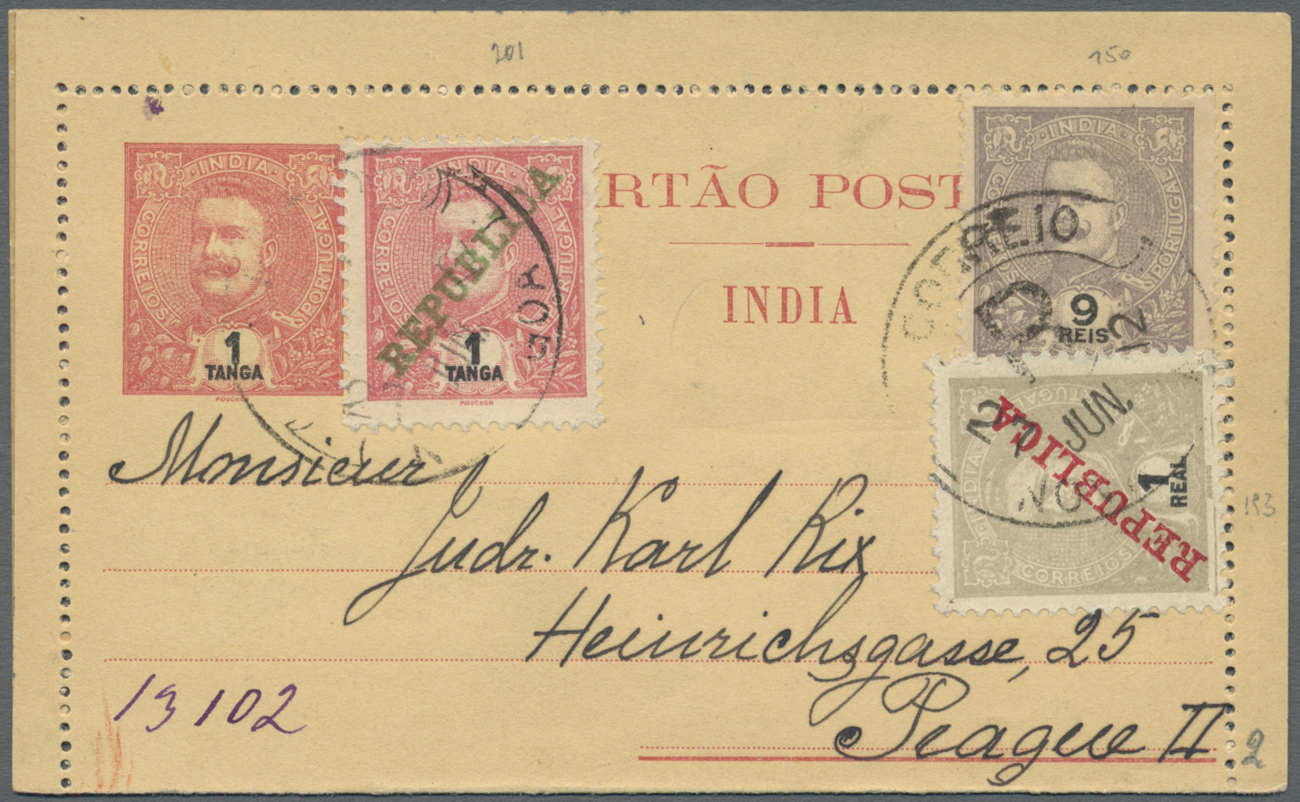 GA Portugiesisch-Indien: 1912/13, Two Letter Cards Registered To Prague/Bohemia:  6 Rs. Uprated 2 T. (no Ovpt.) W. 2 Rs. - Inde Portugaise