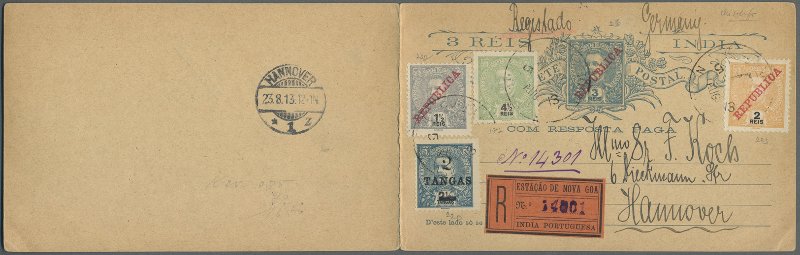 GA Portugiesisch-Indien: 1913, Double Card 3 R. Uprated 4 1/2 R. (no Ovpt.) And 2 R., 1 1/2 R. And 2 T. Ond 2 1/2 T. Can - Portuguese India