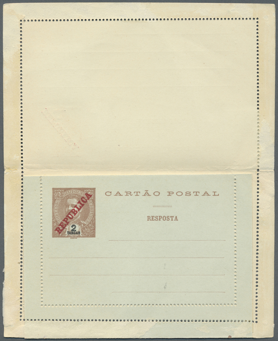 GA Portugiesisch-Indien: 1913, Letter Card 2 T. With Paid Reply Uprated 6 R. And 6 R./ 8 T. Bisect And 1 T. Canc. "NOVA - Inde Portugaise