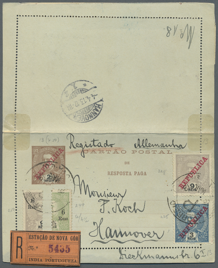 GA Portugiesisch-Indien: 1913, Letter Card 2 T. With Paid Reply Uprated 3 R., 9 R. And Bisects 6 R./8 R. Resp. 6 R./4 1/ - Portuguese India