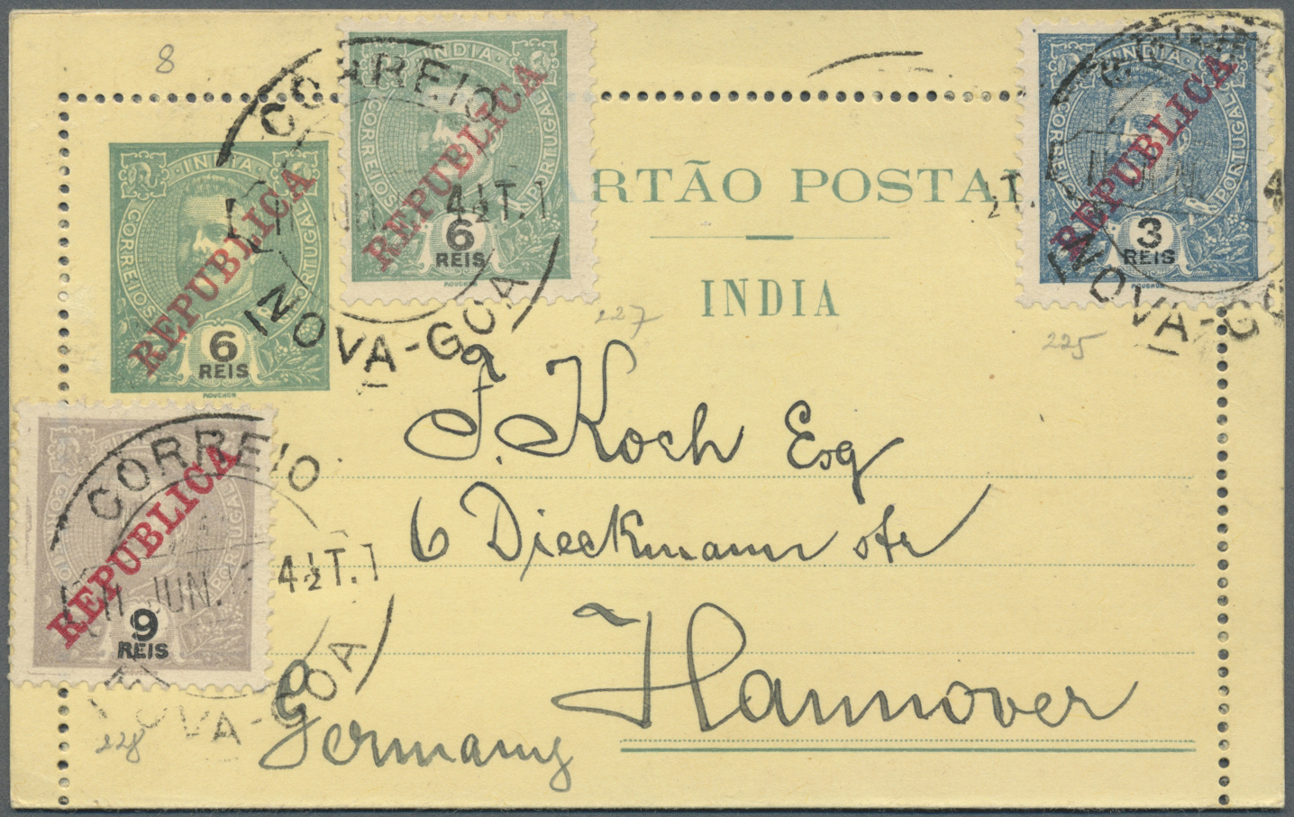 GA Portugiesisch-Indien: 1913, Letter Cards 6 R. Resp. 1 T. Uprated To Germany Canc. "NOVA GOA 11 JUN. 13". - Portuguese India
