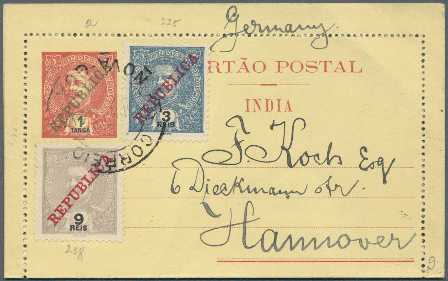 GA Portugiesisch-Indien: 1913, Letter Cards 6 R. Resp. 1 T. Uprated To Germany Canc. "NOVA GOA 11 JUN. 13". - Inde Portugaise