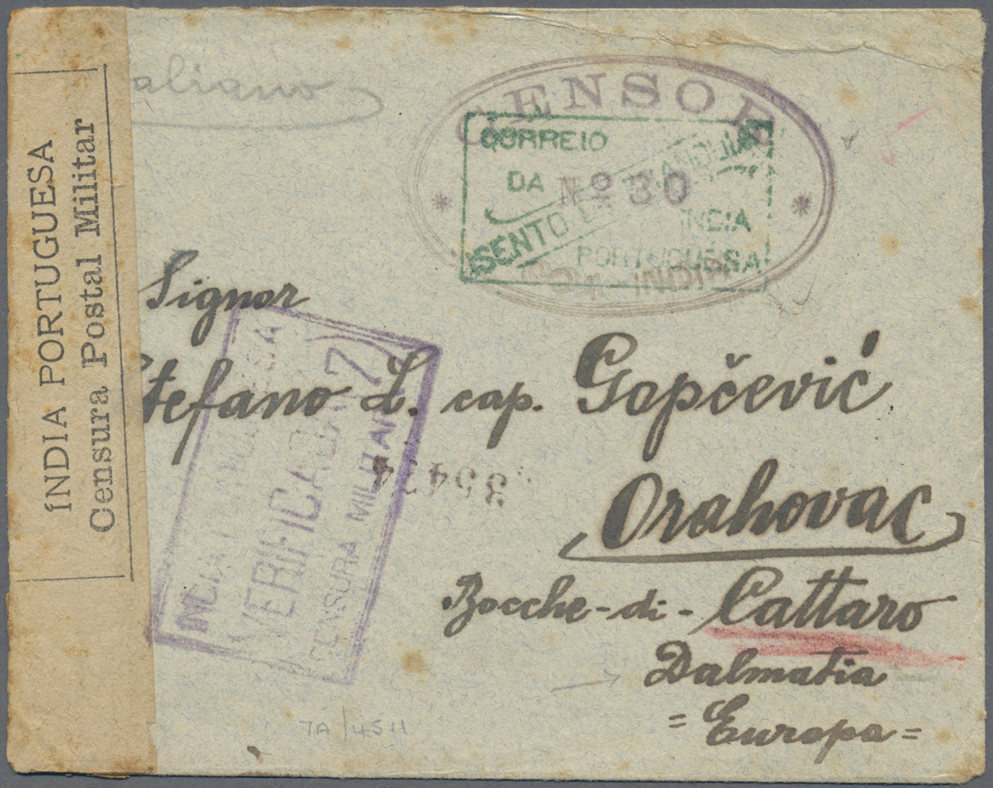 Br Portugiesisch-Indien: 1919, Stampless POW Envelope (faults) W. Boxed Green "CORREIO... SENTO DA... INDIA" To Small Co - Inde Portugaise