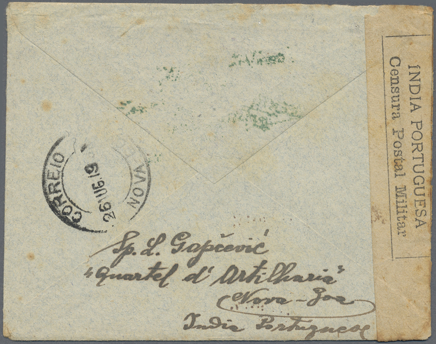 Br Portugiesisch-Indien: 1919, Stampless POW Envelope (faults) W. Boxed Green "CORREIO... SENTO DA... INDIA" To Small Co - Portuguese India