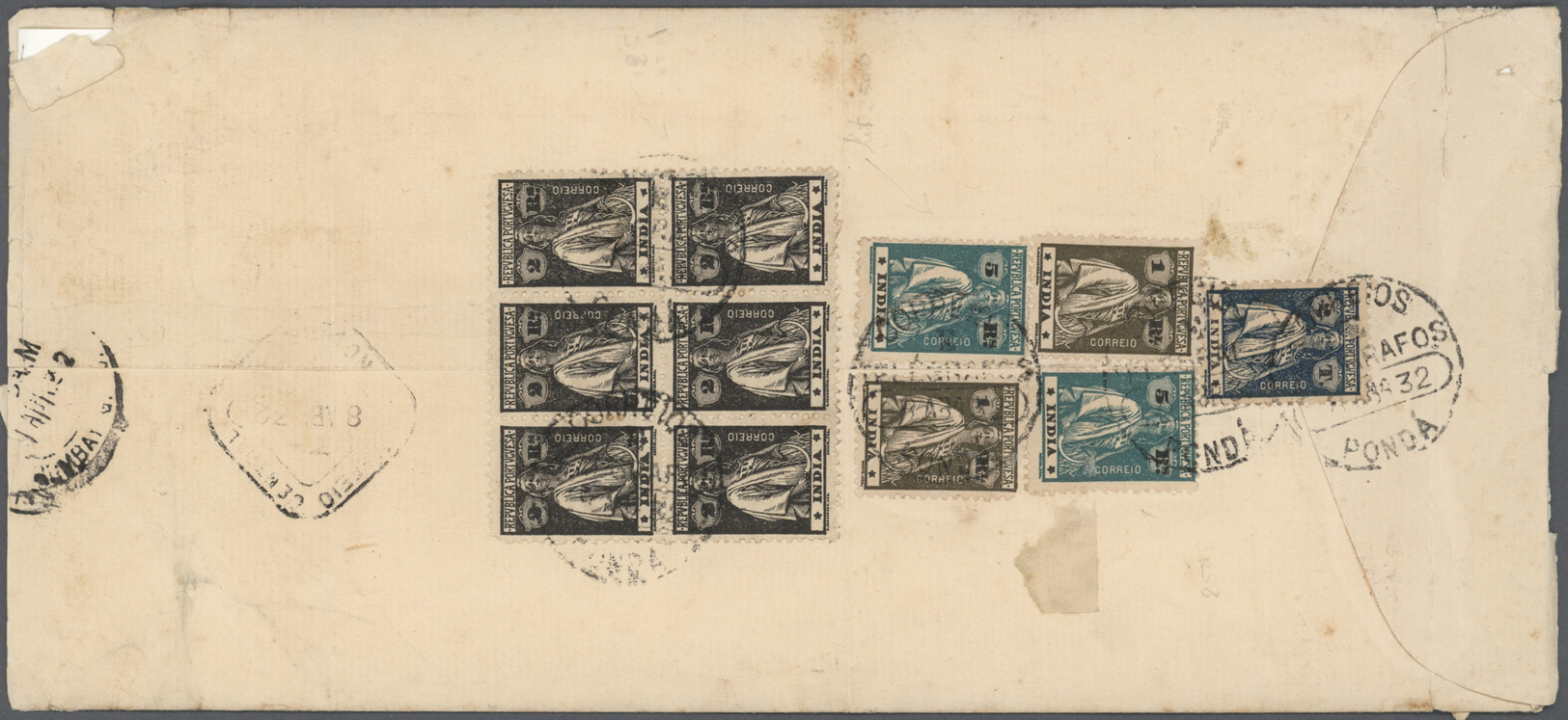 Br Portugiesisch-Indien: 1932, Cover Registered-AR With 5 R. Perf. 12:11 1/2 (2), 1 T., 1 R. (2), 2 R. (block-6) Tied "P - Inde Portugaise