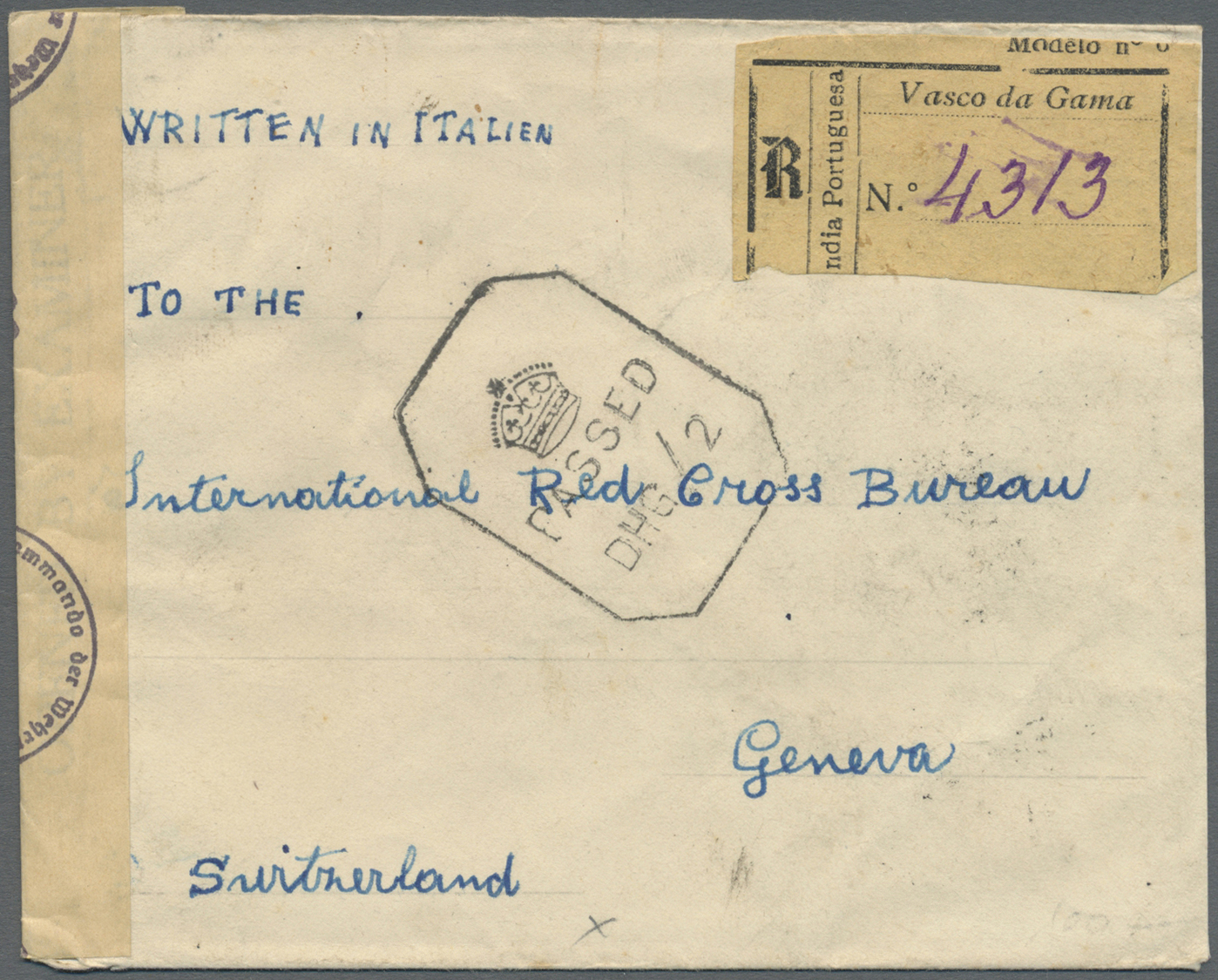 Br Portugiesisch-Indien: 1942 Doubly Censored Registered Cover From Vasco Da Gama To The International Red Cross Bureau - Portuguese India