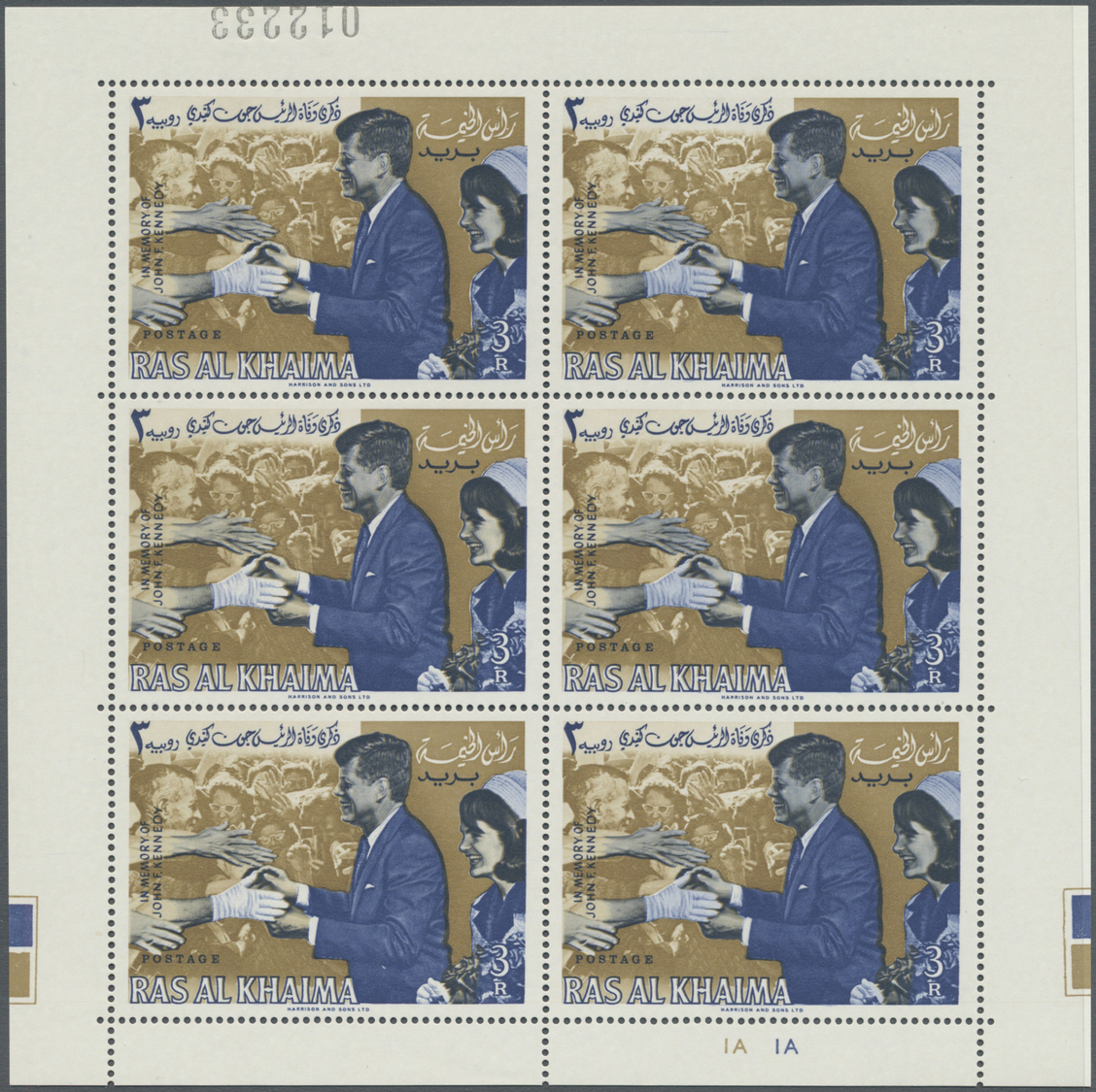 ** Ras al Khaima: 1965/1966, J.F.Kennedy, both issues (without/with overprint), each as mini sheets of six stamps with p