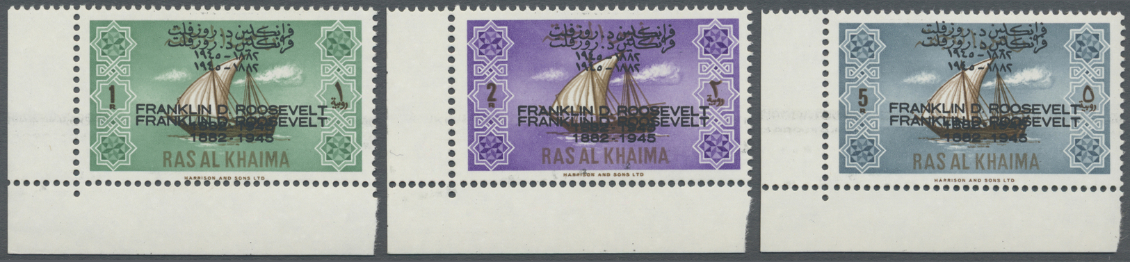 ** Ras Al Khaima: 1965, "FRANKLIN D. ROOSEVELT" Overprints, Complete Set With Double Overprint, Unmounted Mint. - Ras Al-Khaima