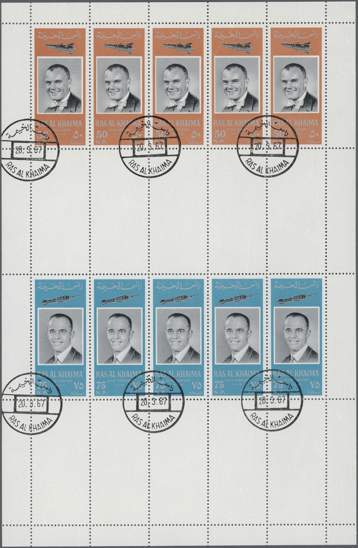 O Ras Al Khaima: 1966, American Astronauts, Perforated Issue, Four Complete Se-tenant Gutter Sheets (comprising Five Set - Ras Al-Khaima