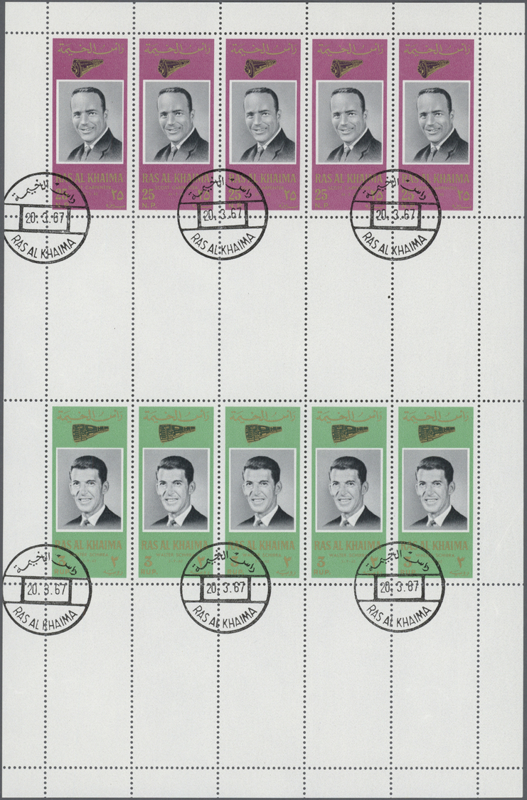 O Ras Al Khaima: 1966, American Astronauts, Perforated Issue, Four Complete Se-tenant Gutter Sheets (comprising Five Set - Ras Al-Khaima