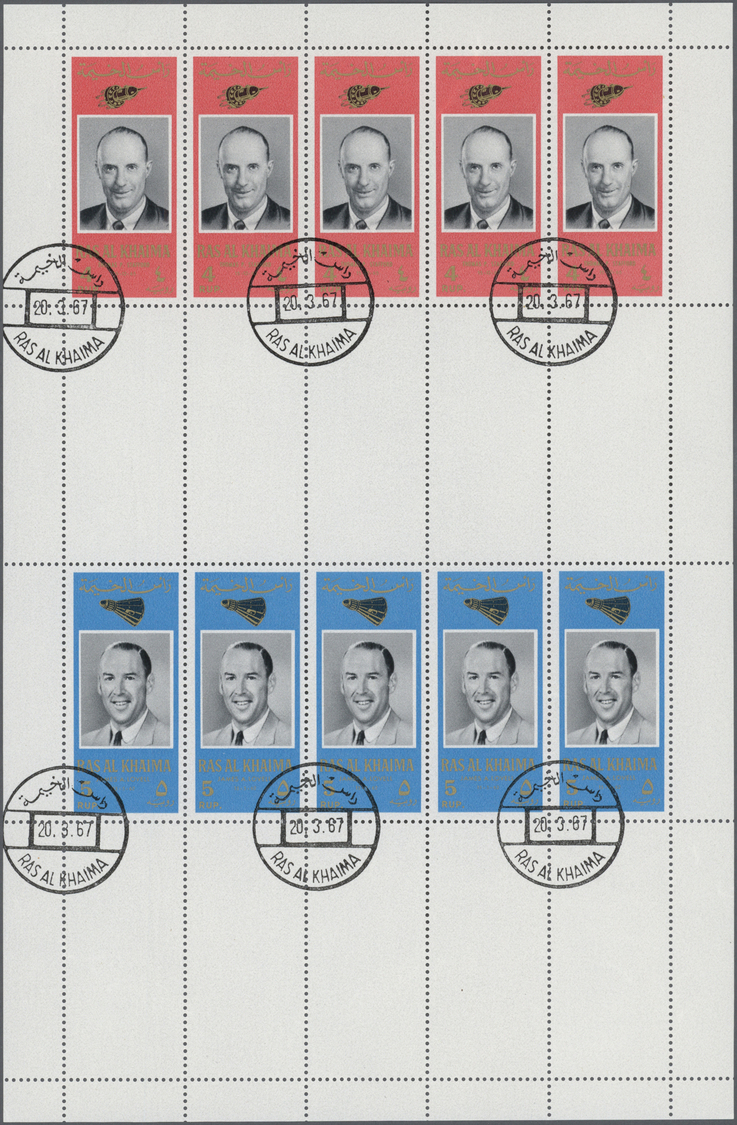 O Ras Al Khaima: 1966, American Astronauts, Perforated Issue, Four Complete Se-tenant Gutter Sheets (comprising Five Set - Ras Al-Khaima