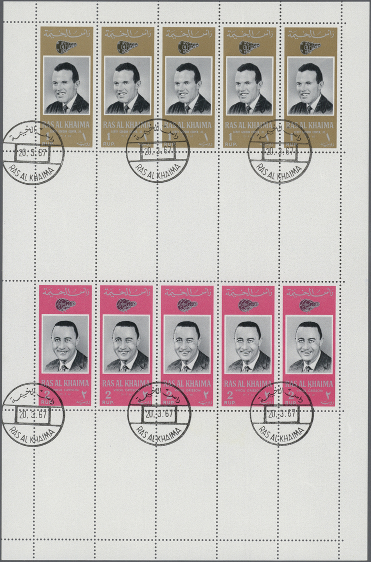 O Ras al Khaima: 1966, American Astronauts, perforated issue, four complete se-tenant gutter sheets (comprising five set