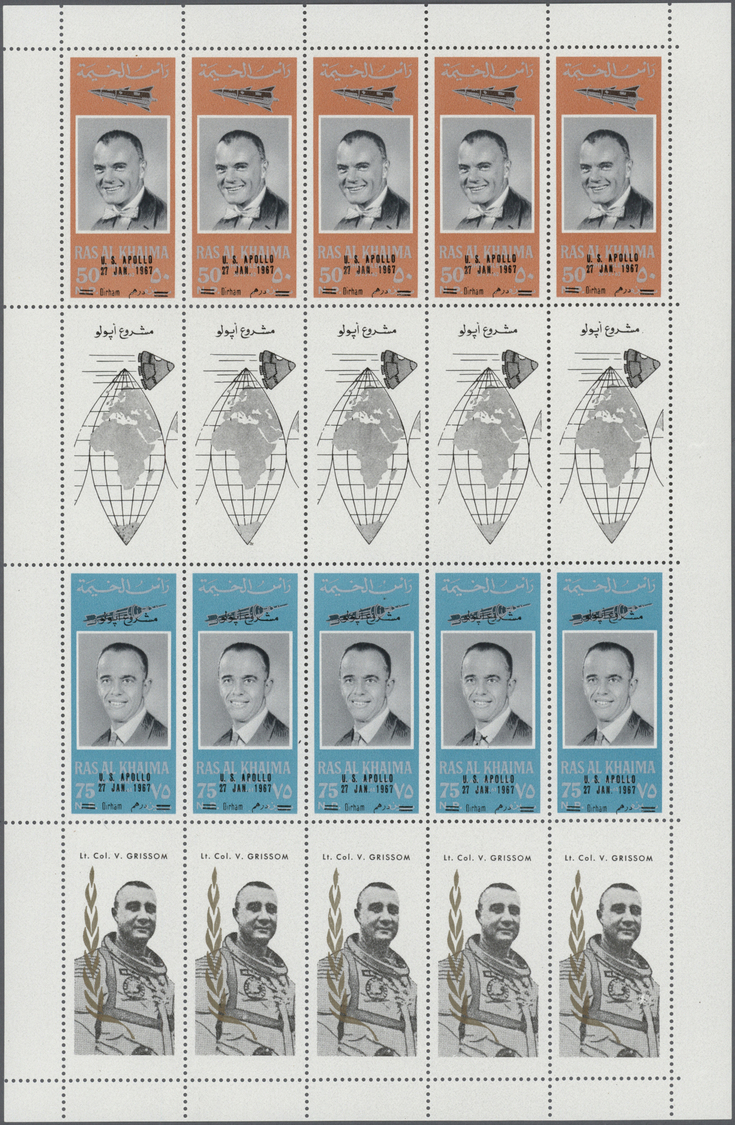 ** Ras Al Khaima: 1967, American Astronauts/Apollo 1, Perforated Issue, Four Complete Se-tenant Gutter Sheets (comprisin - Ras Al-Khaima