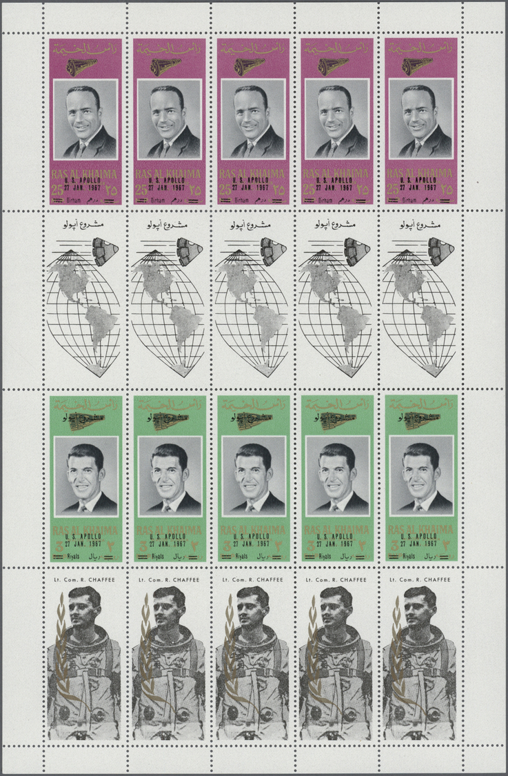 ** Ras Al Khaima: 1967, American Astronauts/Apollo 1, Perforated Issue, Four Complete Se-tenant Gutter Sheets (comprisin - Ras Al-Khaima