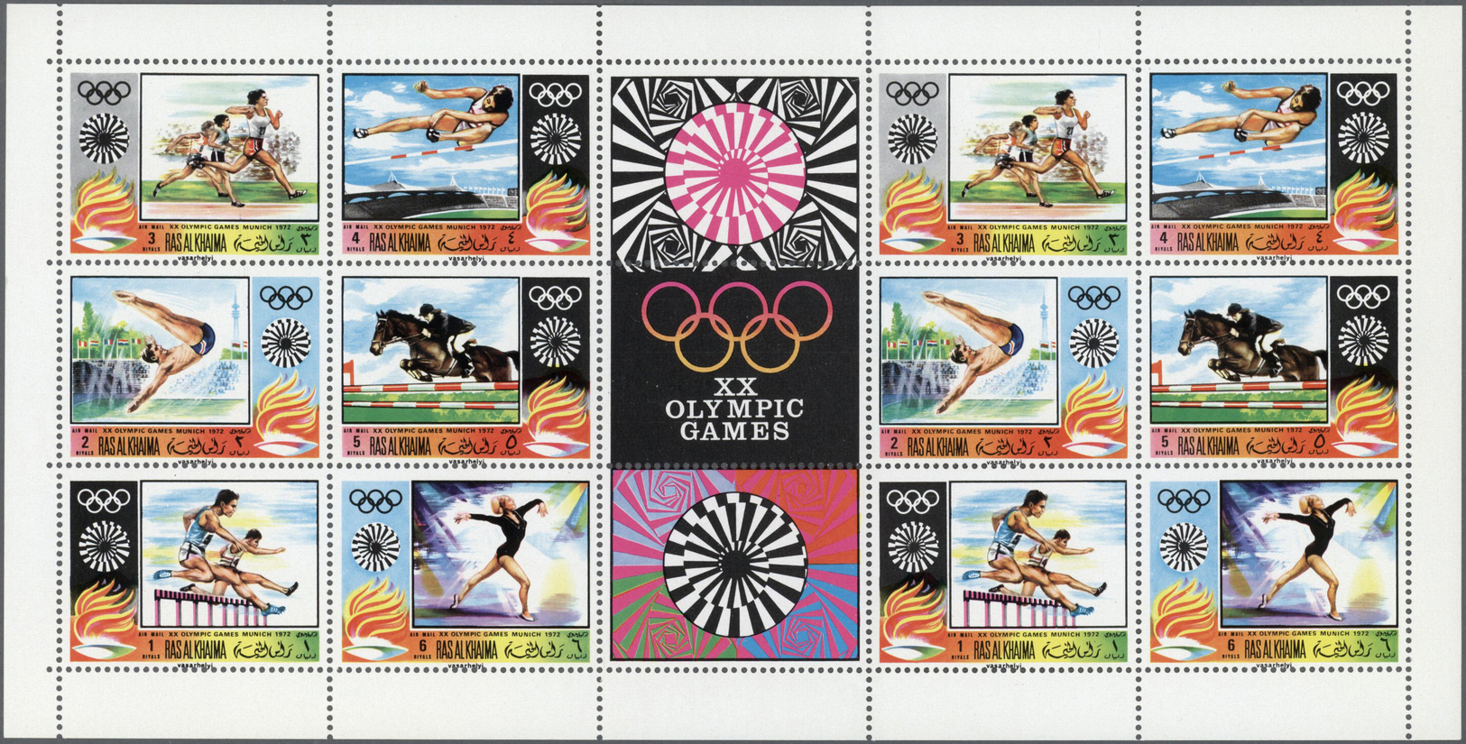 ** Ras Al Khaima: 1970, Olympic Games Munich, Perforate And Imperforate Se-tenant Sheet, Each With Two Blocks Of Six And - Ras Al-Khaima