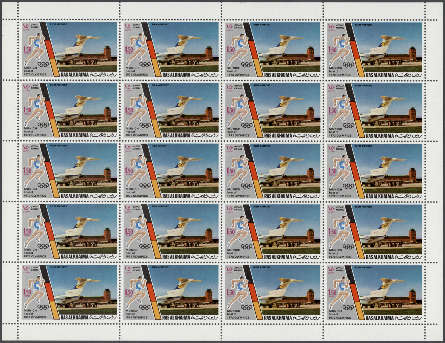 ** Ras Al Khaima: 1972, Olympic Games Munich, Perforated Issue, Complete Set Of Six Values As Sheets Of 20 Stamps, Unfol - Ras Al-Khaima