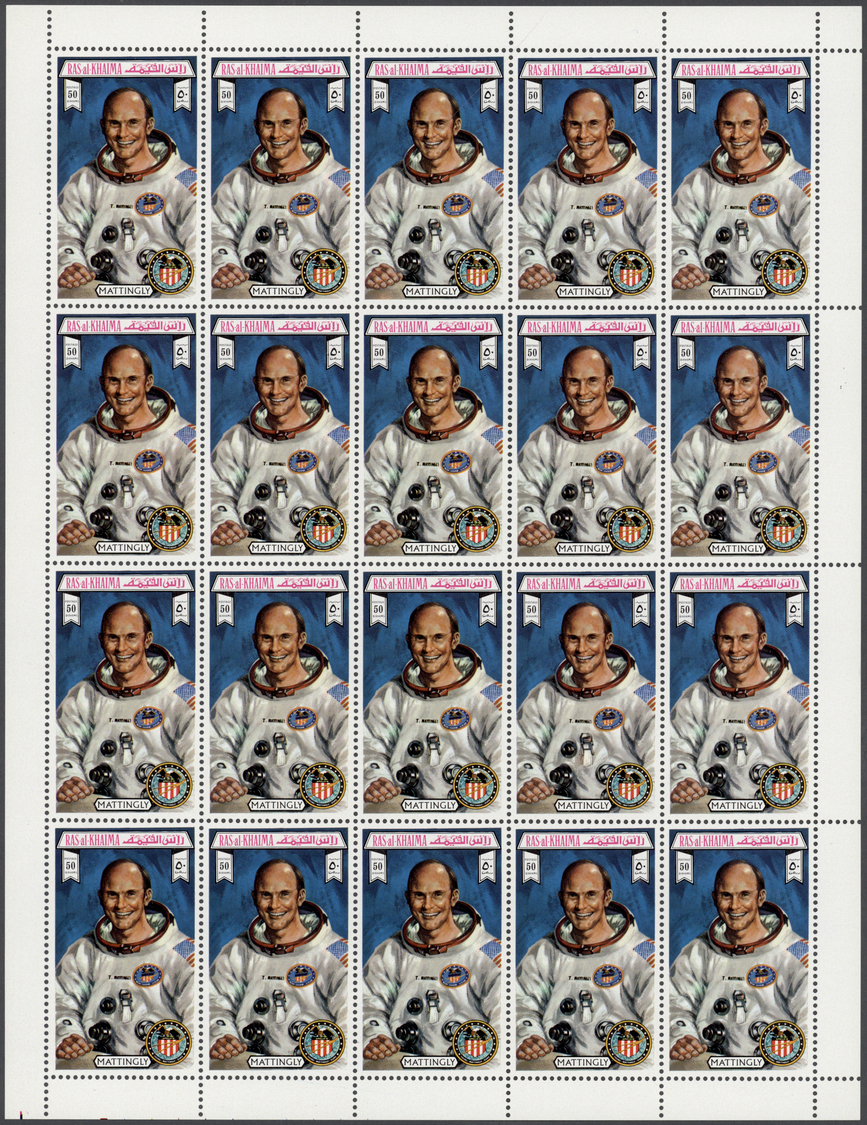 ** Ras Al Khaima: 1972, Apollo 16, Perforated Issue, Complete Set Of Six Values As Sheets Of 20 Stamps, Unfolded, Unmoun - Ras Al-Khaima