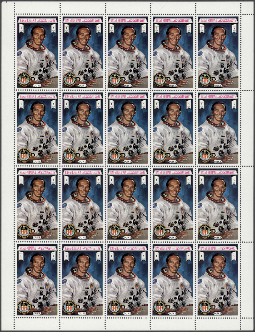 ** Ras Al Khaima: 1972, Apollo 16, Perforated Issue, Complete Set Of Six Values As Sheets Of 20 Stamps, Unfolded, Unmoun - Ras Al-Khaima