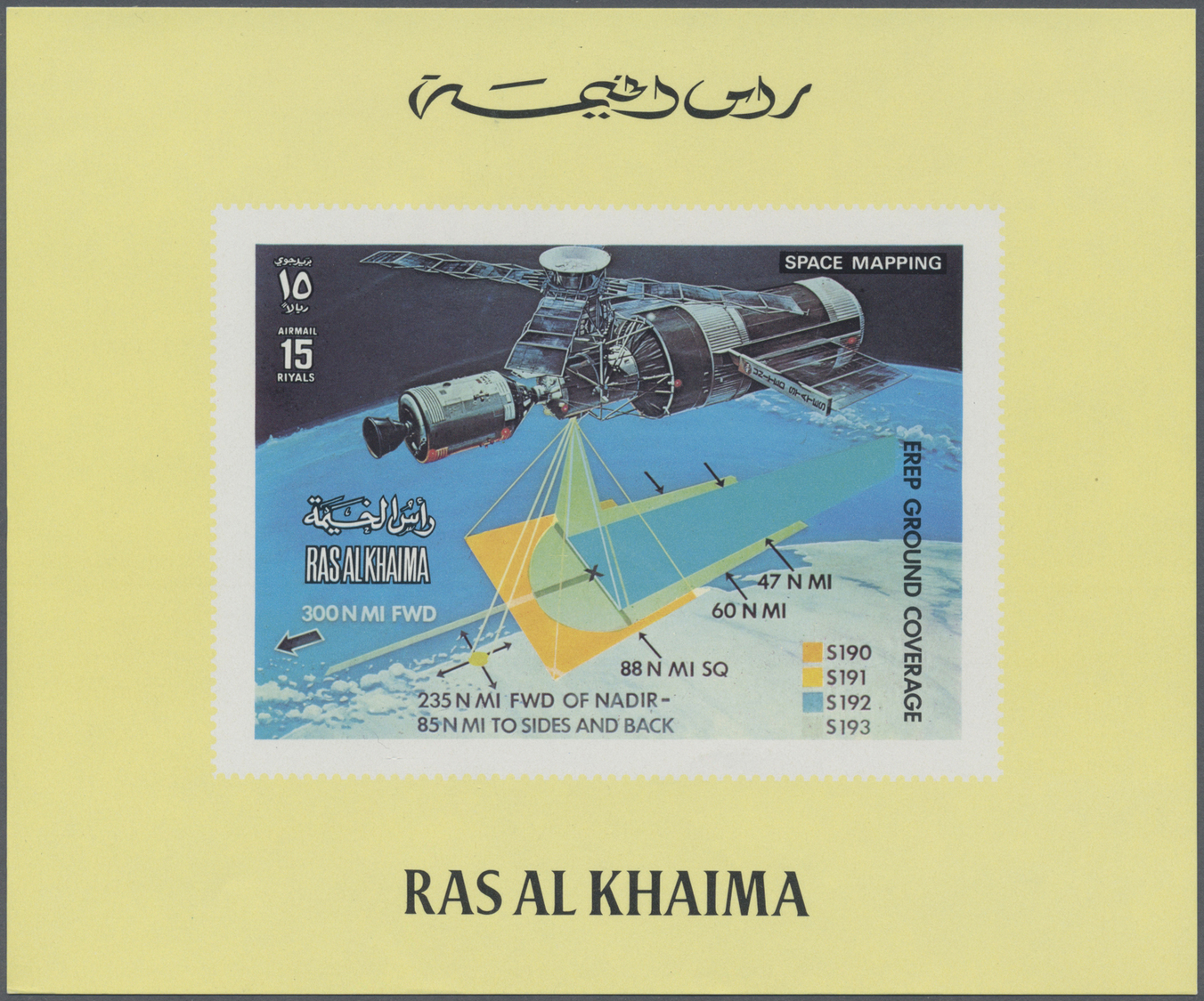 ** Ras al Khaima: 1972, Skylab Program, DE LUXE SHEETS, complete set of three values in three different designs: (1) whi