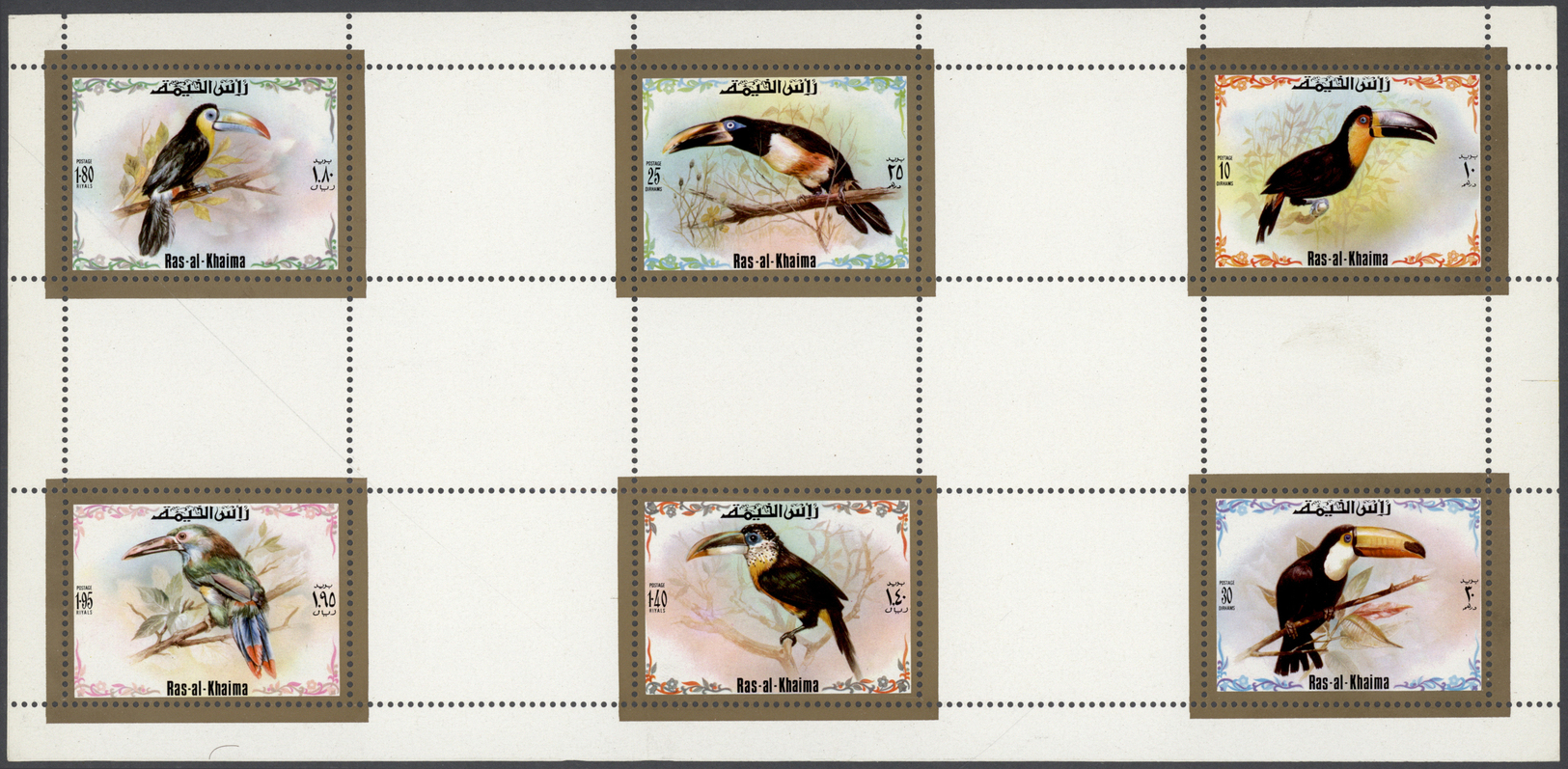 ** Ras Al Khaima: 1972, Toucan Birds, Perforated Issue, Complete Set Of Six Values, Se-tenant Gutter Sheet, Unmounted Mi - Ras Al-Khaima