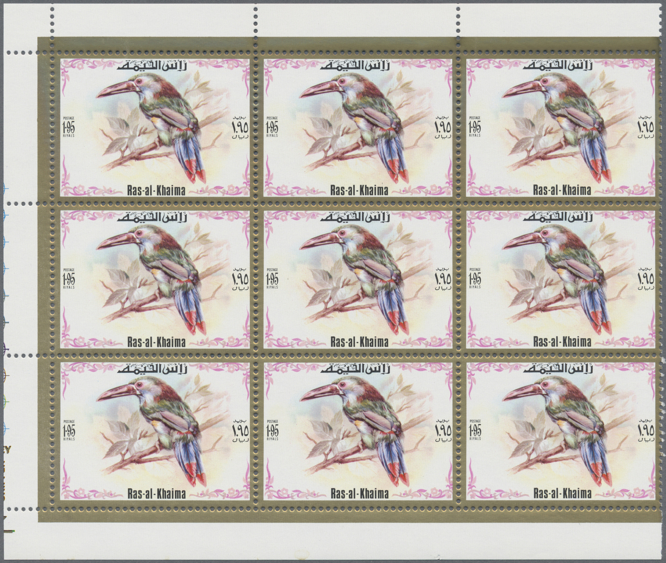 ** Ras Al Khaima: 1972, Toucan Birds, Perforated Issue, Complete Set Of Six Values As Marginal Blocks Of Nine, Unmounted - Ras Al-Khaima