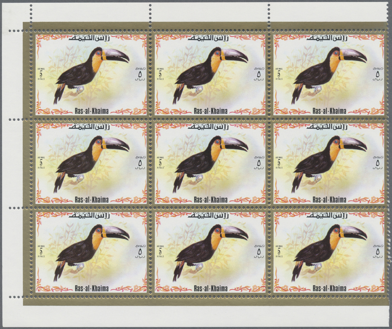 ** Ras Al Khaima: 1972, Toucan Birds, Perforated Issue, Complete Set Of Six Values As Marginal Blocks Of Nine, Unmounted - Ras Al-Khaima