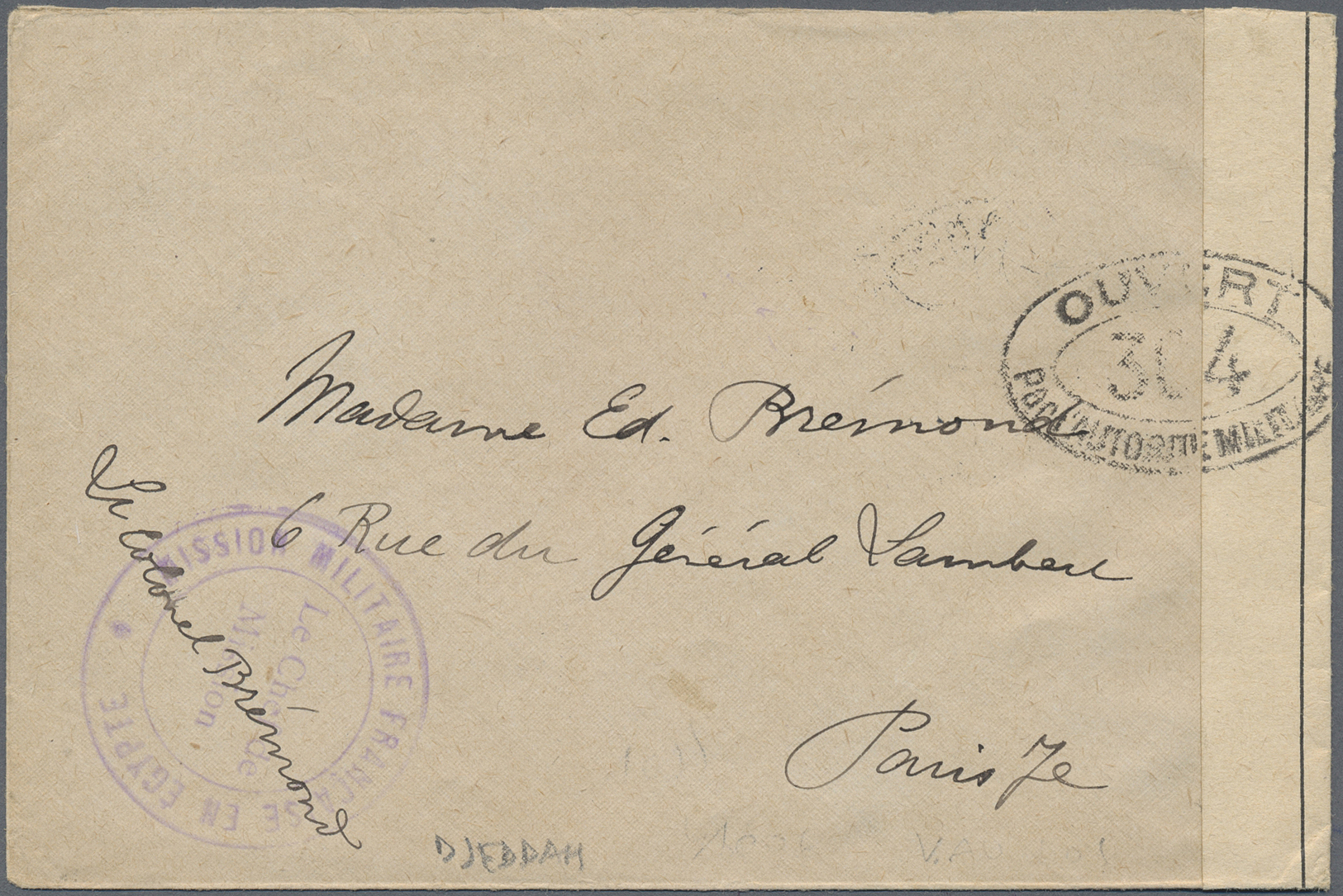 Br Saudi-Arabien - Hedschas: 1916. Stampless Envelope Addressed To France Cancelled By Circular 'Mission Militaire Franc - Arabie Saoudite