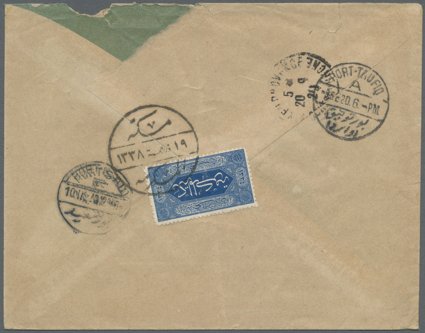 Br Saudi-Arabien - Hedschas: 1920. Envelope (faults/flap Partly Missing) Addressed To France Bearing Yvert 12, 1p Blue T - Saudi Arabia