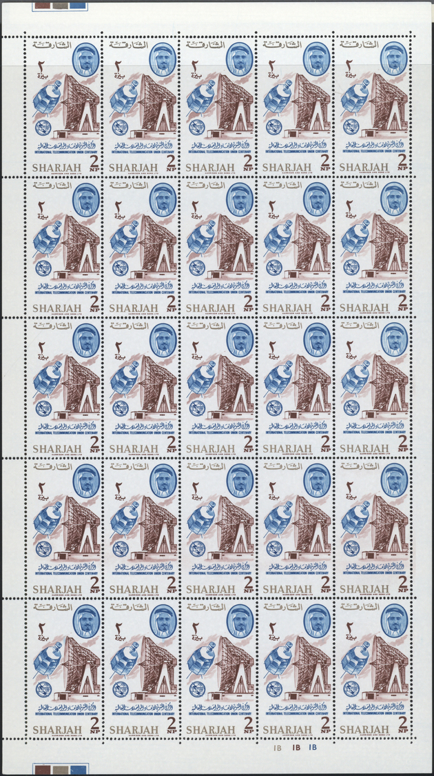 ** Schardscha / Sharjah: 1965, ITU, perf. issue, complete set of eight values in sheets of 25 stamps with plate number a