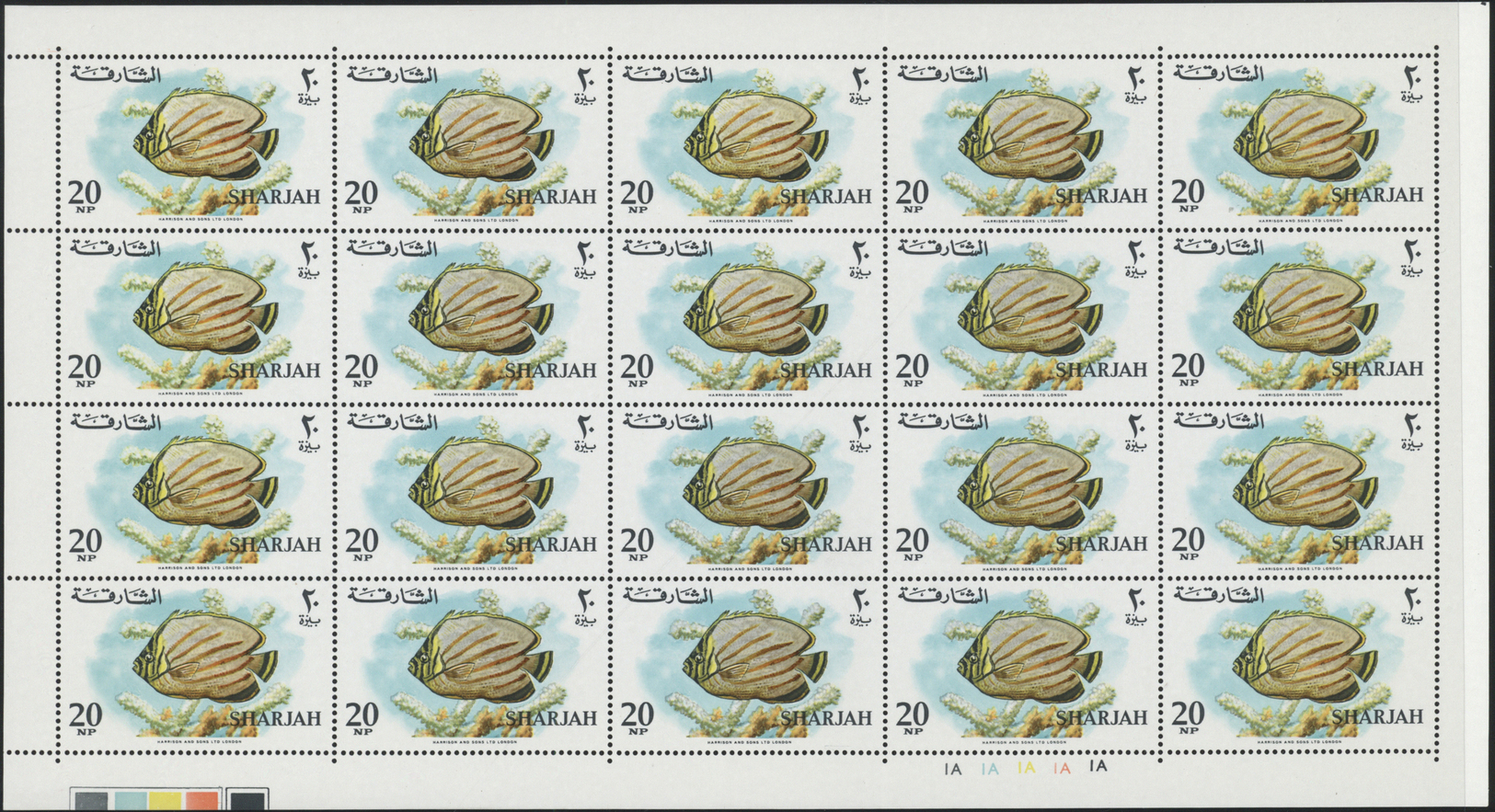 ** Schardscha / Sharjah: 1966, Fishes, 1np. to 10r., complete set of 17 values as (folded) sheets of 20 stamps with plat