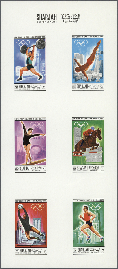 ** Schardscha / Sharjah: 1968, Olympic Games Mexcio, Complete Set Of Six Values, Imperforate Combined Proof Sheet On Gum - Sharjah