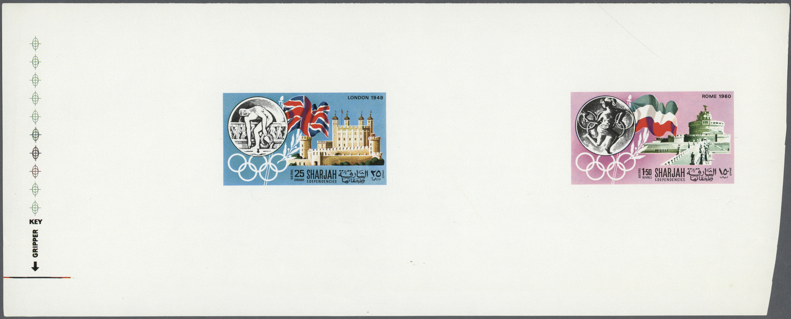 ** Schardscha / Sharjah: 1968, History Of Olympic Games, 25dh. And 1.50dh., Imperforate Combined Proof Sheet On Gummed P - Sharjah